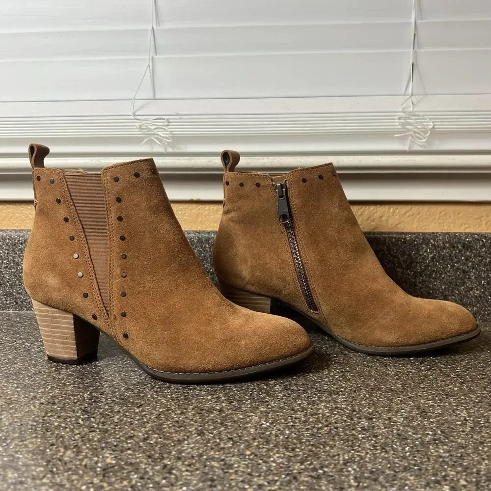 Vionic Rust/Tan Suede Ankle Bootie Zip Womens 7.5 Wide Block Heel Comfort Casual